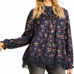 Women’s Yoke Neck Navy Floral Blouse Size 2X